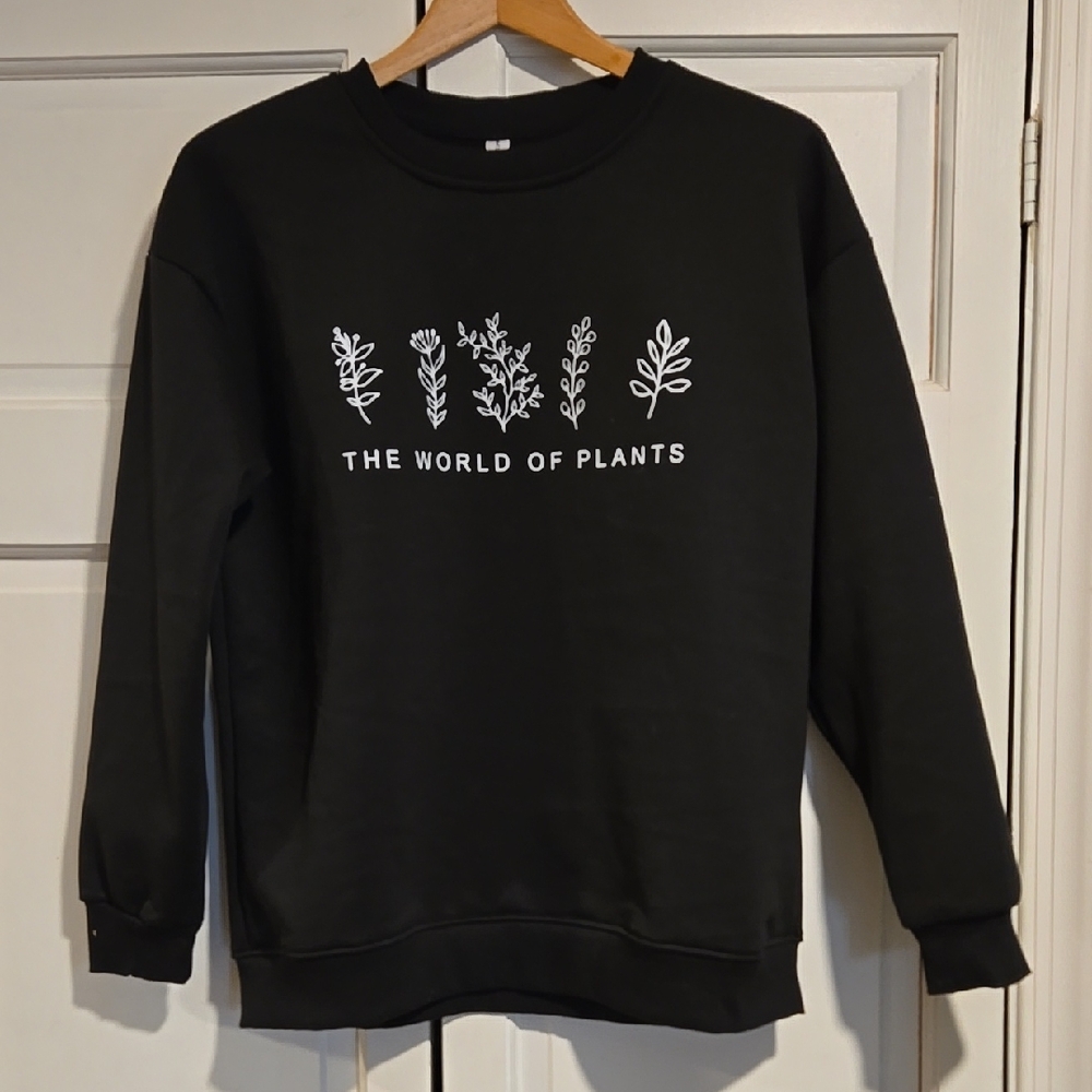 Black Crewneck Sweatshirt with White Botanical Graphic